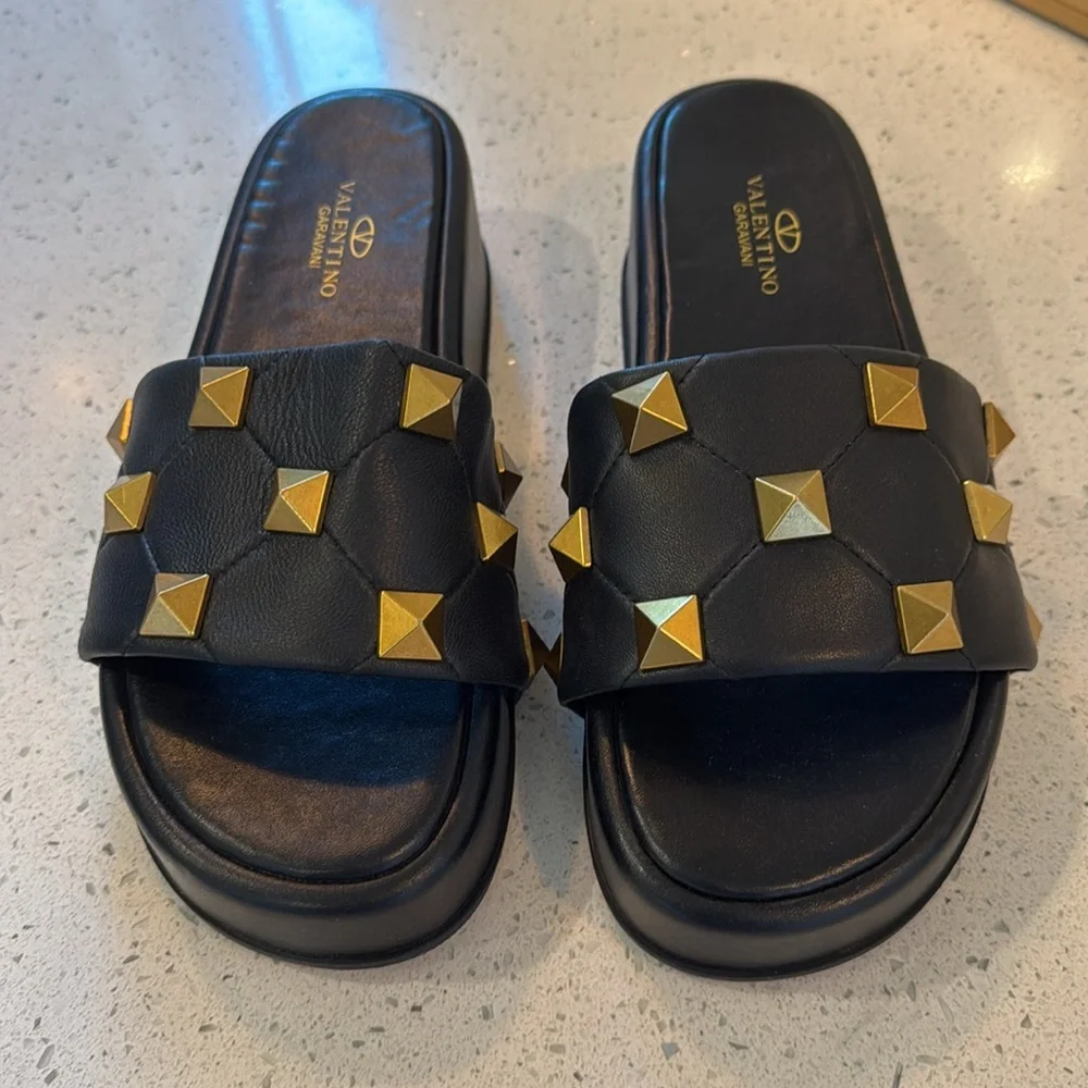 Valentino Black and Gold Women's Slide Sandals